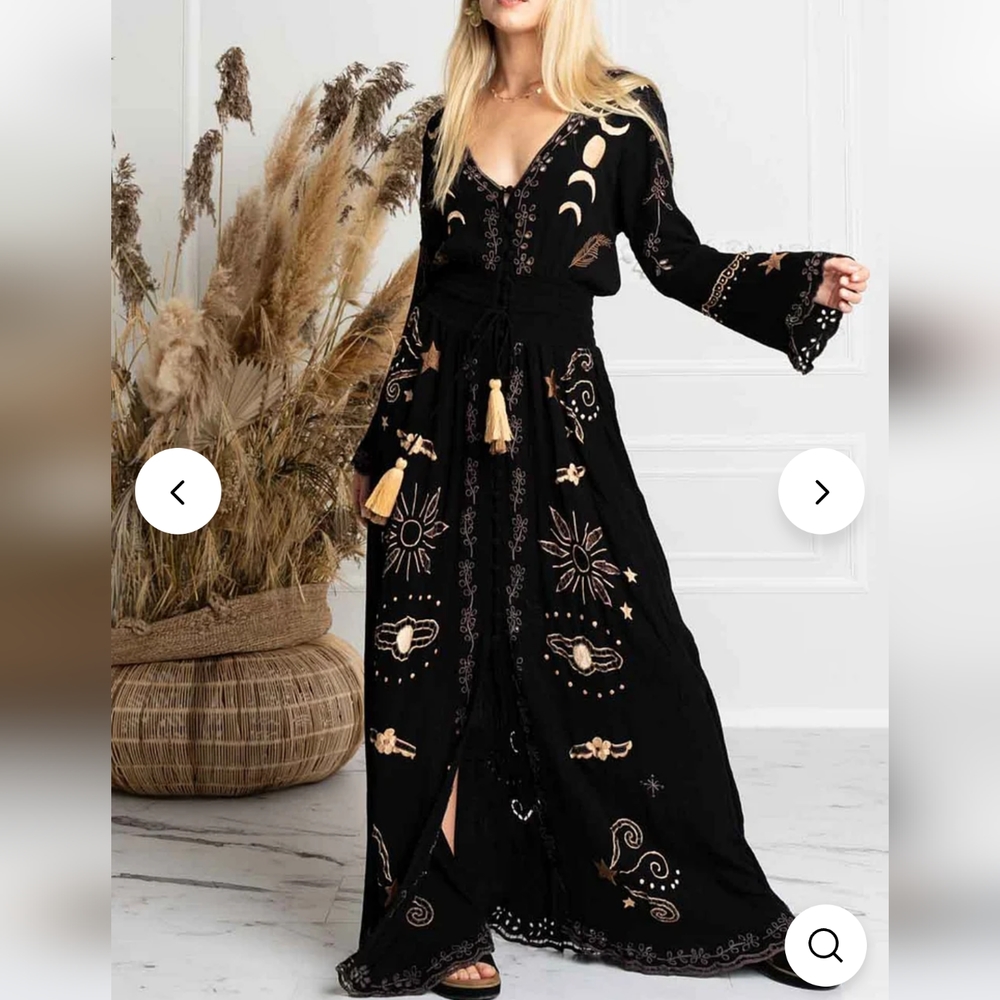 V Neck Star Moon Pattern Drawstring Tassel Maxi Dress Celestial Witch XL NEW